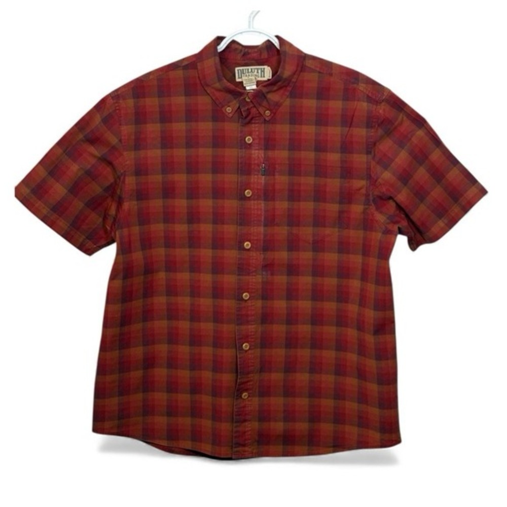 Duluth Trading Co Mens Plaid Short Sleeve Button Up Shirt‎ Red Brown Size Large